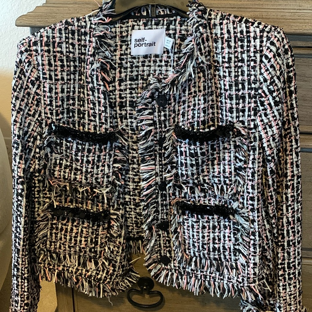 Self portrait black fringed boucle jacket and shorts